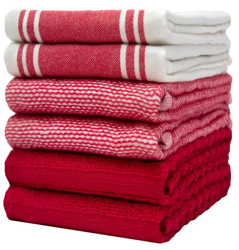 Bumble Towels Premium Kitchen Towels (20â€x 28â€, 6 Pack) | Large Cotton Dish Towels | Flat & Terry Highly Absorbent Kitchen Linen Set with Hanging Loop | Wide Stripe Red - Image 1